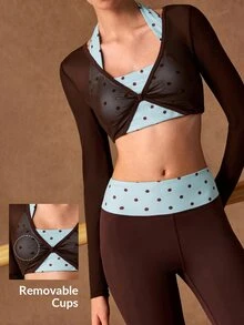 VARSIVA Women's Polka Dot Print 2 In 1 Cropped Long Sleeve Top And Leggings Sports Set - Multicolor - View 2