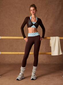 VARSIVA Women's Polka Dot Print 2 In 1 Cropped Long Sleeve Top And Leggings Sports Set - Multicolor - View 5