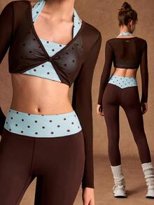 VARSIVA Women's Polka Dot Print 2 In 1 Cropped Long Sleeve Top And Leggings Sports Set - Multicolor - View 11
