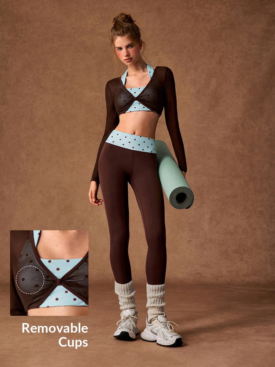 VARSIVA Women's Polka Dot Print 2 In 1 Cropped Long Sleeve Top And Leggings Sports Set - Multicolor - View 1