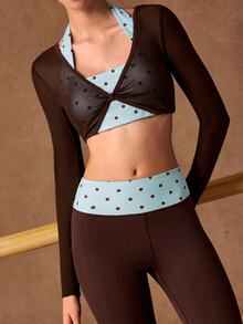 VARSIVA Women's Polka Dot Print 2 In 1 Cropped Long Sleeve Top And Leggings Sports Set - Multicolor - View 9