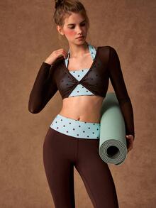 VARSIVA Women's Polka Dot Print 2 In 1 Cropped Long Sleeve Top And Leggings Sports Set - Multicolor - View 8