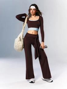 VARSIVA Sporty Square Neck Long Sleeve Halter Polka Dot T-Shirt - Multicolor - View 6