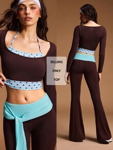 VARSIVA Sporty Square Neck Long Sleeve Halter Polka Dot T-Shirt - Multicolor - View 11