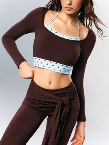 VARSIVA Sporty Square Neck Long Sleeve Halter Polka Dot T-Shirt - Multicolor - View 8