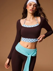 VARSIVA Sporty Square Neck Long Sleeve Halter Polka Dot T-Shirt - Multicolor - View 4