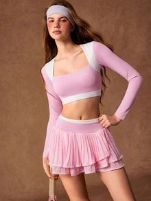VARSIVA Women's Colorblock Long Sleeve Cropped T-Shirt And Ruffle Hem Skort Sports Set - Multicolor - View 10