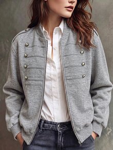 SHEIN 美式復古鈕扣裝飾淺灰色衛衣布棒球領拉鍊休閒學院風優雅短夾克 工作日常秋季穿搭 - 灰色 - 查看 4