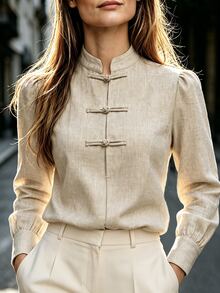 Trelyra Women's Long Sleeve Chinese Style Shirt With Frog Button Collar - Khaki - View 3