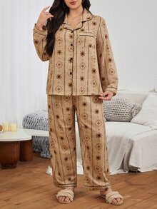Serenescape Plus Size Women's Striped Vacation Print Long Sleeve & Long Pants Pajama Set, Spring/Autumn Wear, Comfortable Home Sleepwear - Brown - View 5