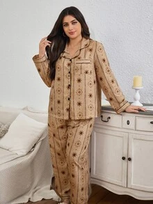 Serenescape Plus Size Women's Striped Vacation Print Long Sleeve & Long Pants Pajama Set, Spring/Autumn Wear, Comfortable Home Sleepwear - Brown - View 6
