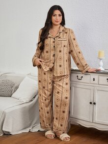 Serenescape Plus Size Women's Striped Vacation Print Long Sleeve & Long Pants Pajama Set, Spring/Autumn Wear, Comfortable Home Sleepwear - Brown - View 1