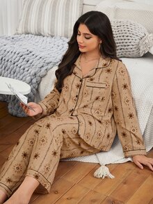 Serenescape Plus Size Women's Striped Vacation Print Long Sleeve & Long Pants Pajama Set, Spring/Autumn Wear, Comfortable Home Sleepwear - Brown - View 4