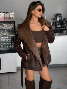 Pariaura Women's Brown Jacket With Faux Fur Collar And Belted Waist - Brown - View 3
