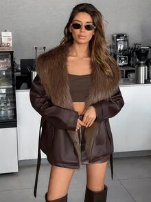 Pariaura Women's Brown Jacket With Faux Fur Collar And Belted Waist - Brown - View 5