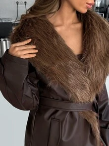 Pariaura Women's Brown Jacket With Faux Fur Collar And Belted Waist - Brown - View 4