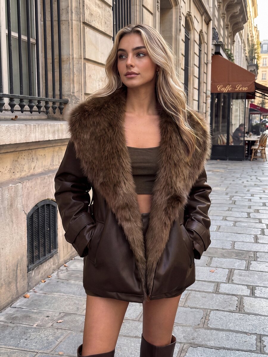 Pariaura Women's Brown Jacket With Faux Fur Collar And Belted Waist - Brown - View 1