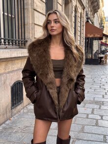 Pariaura Women's Brown Jacket With Faux Fur Collar And Belted Waist - Brown - View 7