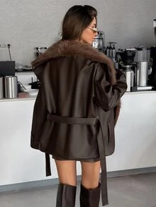 Pariaura Women's Brown Jacket With Faux Fur Collar And Belted Waist - Brown - View 2
