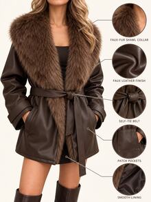 Pariaura Women's Brown Jacket With Faux Fur Collar And Belted Waist - Brown - View 8