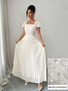 Modelyn 法式方领精致串珠刺绣拼接修身褶裥短袖优雅连衣裙 - 杏色 - 查看 3