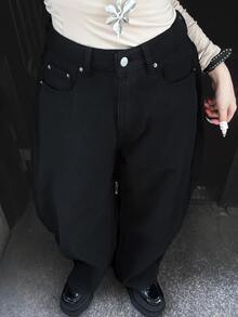 FRIFUL Women's Cross Pattern Pocket Curved Hem Casual Denim Jeans - Black - View 7