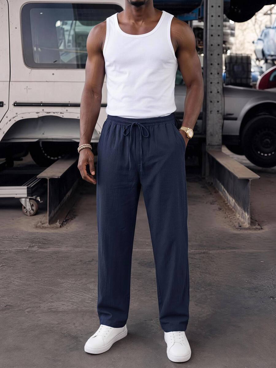 GETOML Manfinity VCAY Men's Navy Blue Summer Tropical Beach Vacation Pants Lightweight Drawstring Yoga Trousers Loose Fit Crinkle Fabric Elastic Waist, Football
