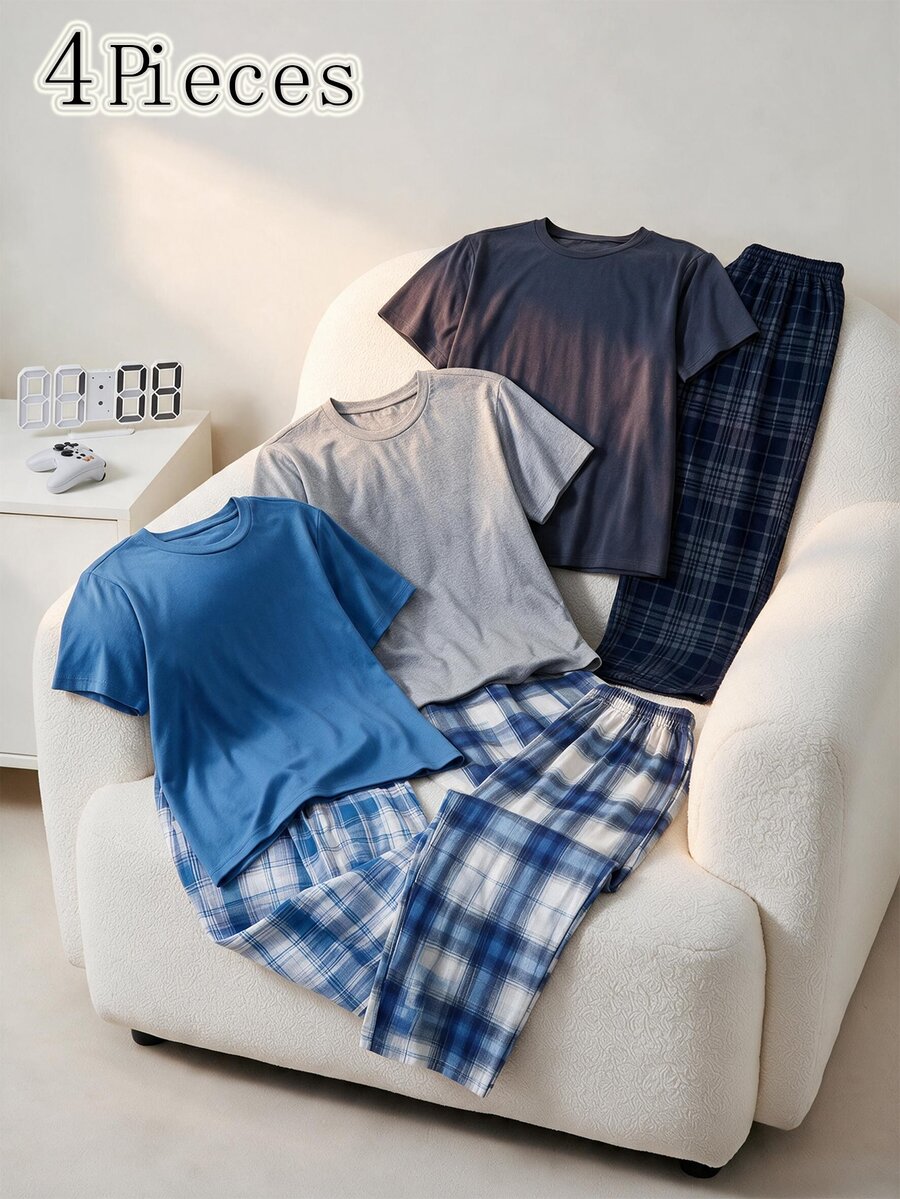 4-delat pyjamasset för tonåringar, blå- och grårutig kortärmad topp och långbyxor, mjukt och bekvämt andningsbart stickat tyg, minimalistisk design för enkel matchning, maskintvättbar (säljs separat i 2 set) - Multifärgad - Visa 1