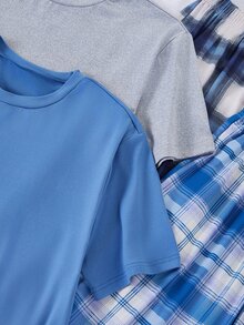 4-delat pyjamasset för tonåringar, blå- och grårutig kortärmad topp och långbyxor, mjukt och bekvämt andningsbart stickat tyg, minimalistisk design för enkel matchning, maskintvättbar (säljs separat i 2 set) - Multifärgad - Visa 10