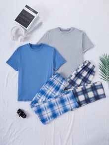 4-delat pyjamasset för tonåringar, blå- och grårutig kortärmad topp och långbyxor, mjukt och bekvämt andningsbart stickat tyg, minimalistisk design för enkel matchning, maskintvättbar (säljs separat i 2 set) - Multifärgad - Visa 4