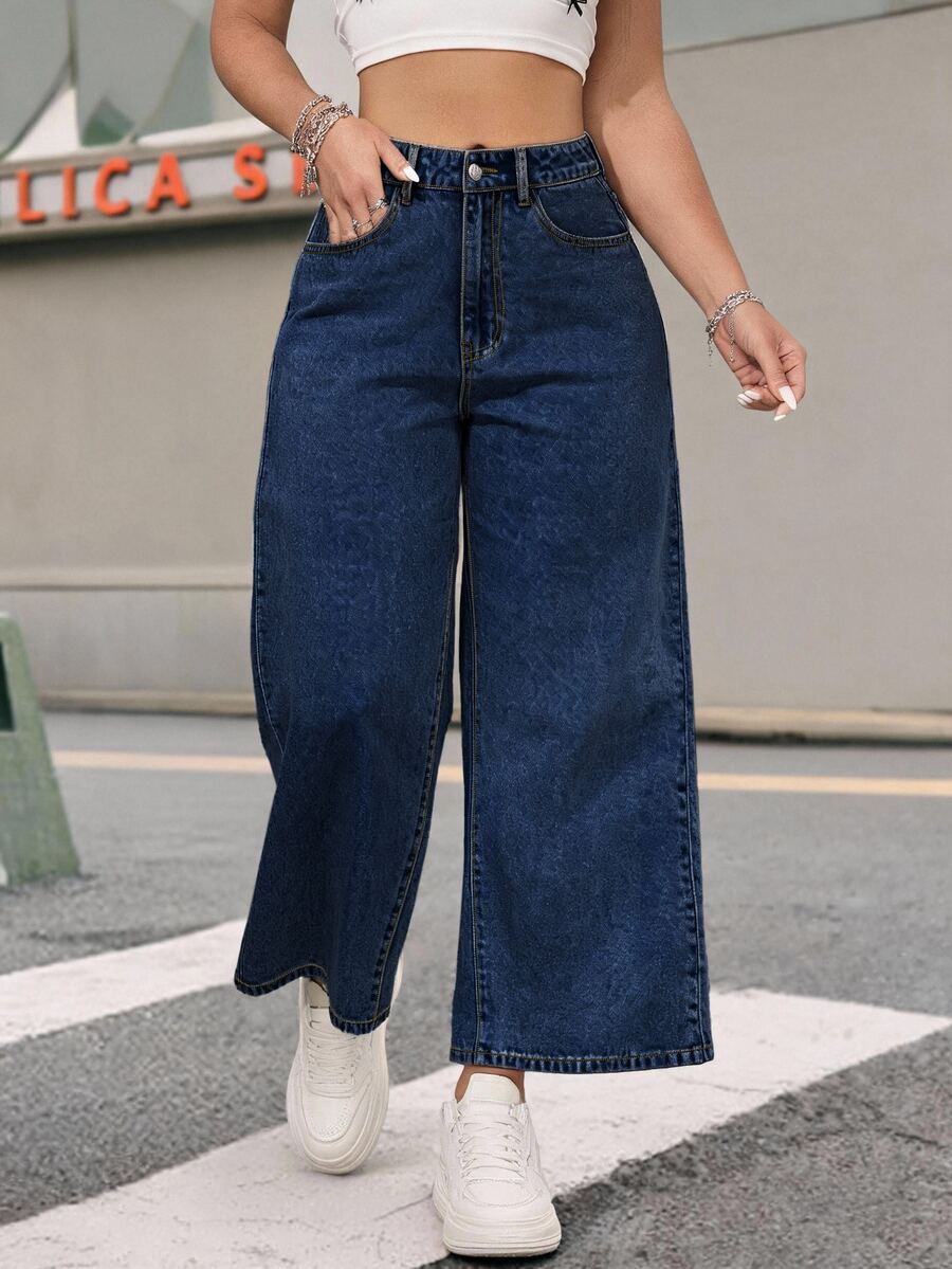 SHEIN ICON 大尺碼女款街頭休閒淺藍色無彈力牛仔直筒長褲 - 深色水洗藍 - 查看 1