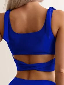 SHEIN Swim Summer Beach Tie Shoulder High Waisted Bikini Set - Royal Blue - View 4