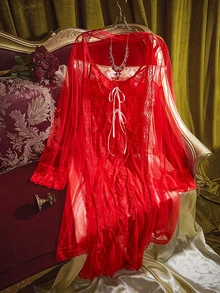 PinupPomp 2pcs Floral Lace Camisole Dress + Robe, Red, Bowknot, Sheer, Vintage Romantic Daily Wear Women Nightgown - Red - View 1
