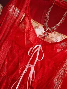 PinupPomp 2pcs Floral Lace Camisole Dress + Robe, Red, Bowknot, Sheer, Vintage Romantic Daily Wear Women Nightgown - Red - View 3