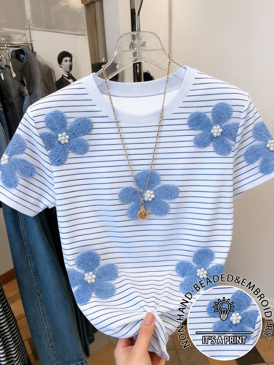Resyla [Printed Design] Plus Size Women's Round Neck Floral Pattern Striped Casual Versatile Daily Wear Short Sleeve T-Shirt - Multicolor - View 1