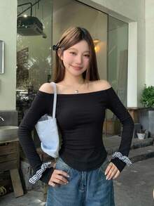 DAZY 女士休闲纯色露肩修身T恤，春秋季长袖女式上衣，秋季女装外出上衣 - 黑色 - 查看 6