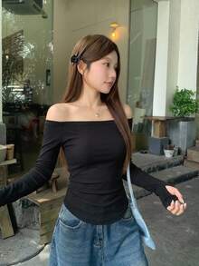 DAZY 女士休闲纯色露肩修身T恤，春秋季长袖女式上衣，秋季女装外出上衣 - 黑色 - 查看 8