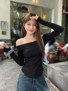 DAZY 女士休闲纯色露肩修身T恤，春秋季长袖女式上衣，秋季女装外出上衣 - 黑色 - 查看 7