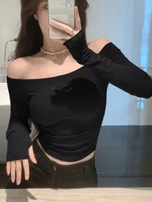 DAZY 女士休闲纯色露肩修身T恤，春秋季长袖女式上衣，秋季女装外出上衣 - 黑色 - 查看 2