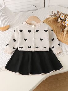 Souflis Baby Girls' Knit Heart Jacquard Button-Up Long-Sleeve Top With Black Pleated Skirt 2-Piece Set, School Wear In Spring, Autumn, Winter Party Beige Cute - Multicolor - View 5
