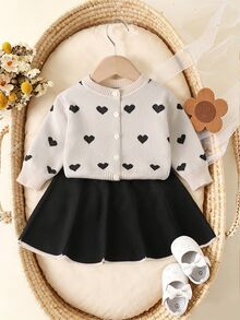 Souflis Baby Girls' Knit Heart Jacquard Button-Up Long-Sleeve Top With Black Pleated Skirt 2-Piece Set, School Wear In Spring, Autumn, Winter Party Beige Cute - Multicolor - View 4