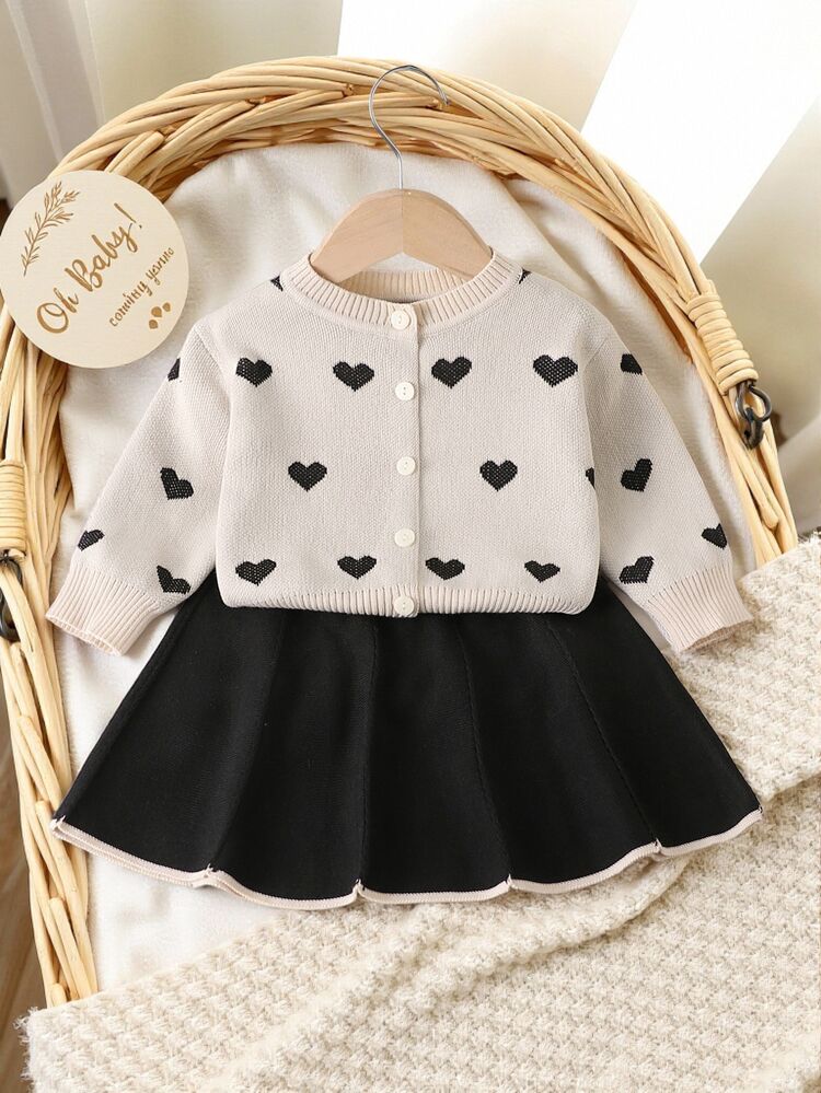 Souflis Baby Girls' Knit Heart Jacquard Button-Up Long-Sleeve Top With Black Pleated Skirt 2-Piece Set, School Wear In Spring, Autumn, Winter Party Beige Cute - Multicolor - View 1
