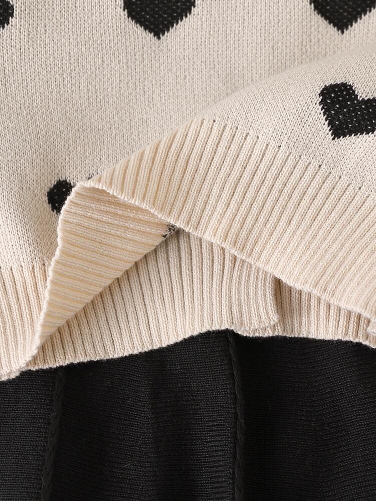 Souflis Baby Girls' Knit Heart Jacquard Button-Up Long-Sleeve Top With Black Pleated Skirt 2-Piece Set, School Wear In Spring, Autumn, Winter Party Beige Cute - Multicolor - View 7