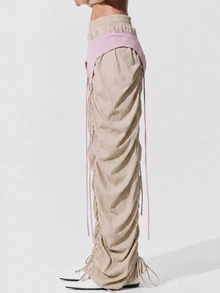 Zerodot Celana Sweat Wanita Warna Beige dengan Detail Pinggang Pink, Kasual untuk Sehari-hari di Musim Gugur dan Pra-Musim Gugur - Khaki - View 5