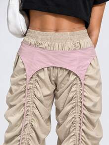 Zerodot Celana Sweat Wanita Warna Beige dengan Detail Pinggang Pink, Kasual untuk Sehari-hari di Musim Gugur dan Pra-Musim Gugur - Khaki - View 6