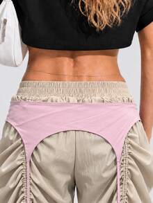 Zerodot Celana Sweat Wanita Warna Beige dengan Detail Pinggang Pink, Kasual untuk Sehari-hari di Musim Gugur dan Pra-Musim Gugur - Khaki - View 7