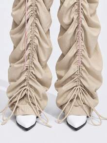 Zerodot Celana Sweat Wanita Warna Beige dengan Detail Pinggang Pink, Kasual untuk Sehari-hari di Musim Gugur dan Pra-Musim Gugur - Khaki - View 8
