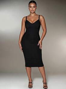 Nuvra Bandage Fabric Slim Fit Sexy Mid-Length Design Proportion-Enhancing Banquet Style Plus Size Dress - Black - View 1