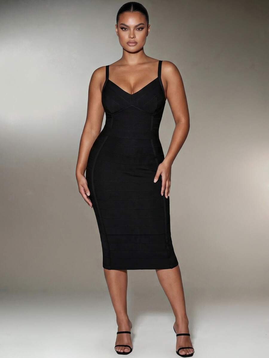 Nuvra Bandage Fabric Slim Fit Sexy Mid-Length Design Proportion-Enhancing Banquet Style Plus Size Dress - Black - View 1