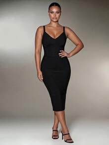 Nuvra Bandage Fabric Slim Fit Sexy Mid-Length Design Proportion-Enhancing Banquet Style Plus Size Dress - Black - View 5